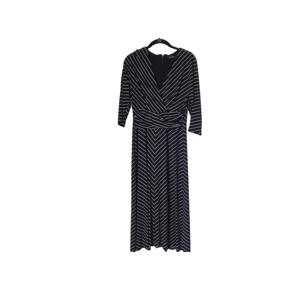 Lauren Ralph Lauren‎ Dress Size 6 Blue White Striped 3/4 Sleeve V-Neck Faux Wrap